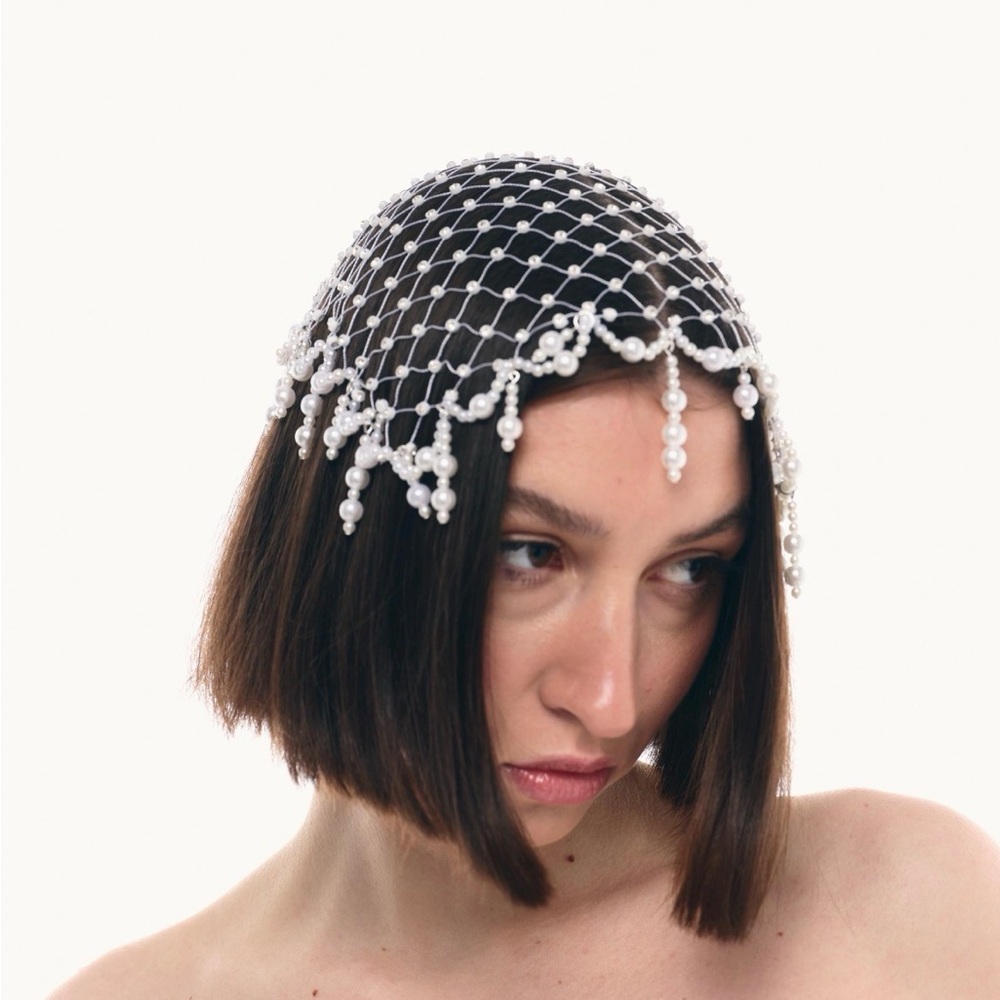 Bridal Pearl Net Headpiece Veil- Handmade